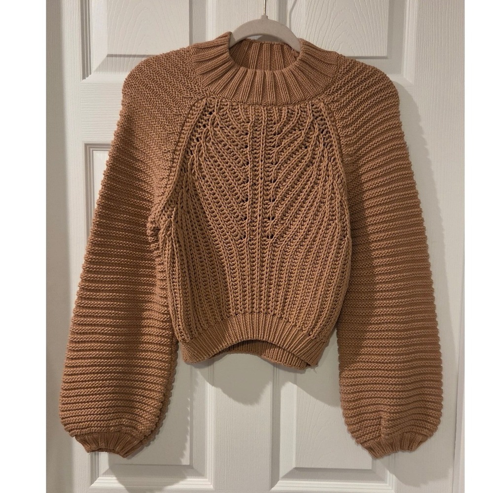 Petal + Pup Chunky Cotton Knit Sweater Mock Neck Balloon Sleeve Camel US 4